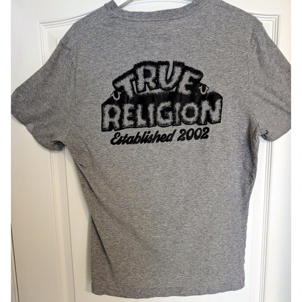True Religion Men T-Shirt Large L Gray Double Sided Horseshoe Back Graphic Logo
